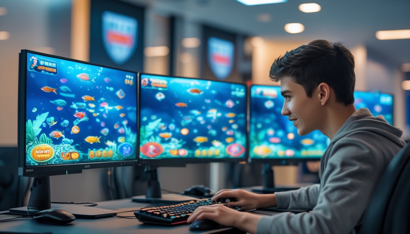 Seorang pria muda sedang bermain permainan tembak ikan online di komputer dengan layar menampilkan gambar ikan dan ikon jackpot.
