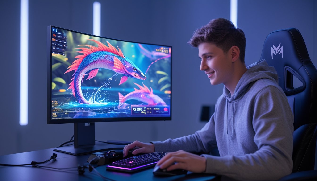 Seorang pemain muda sedang fokus bermain game tembak ikan online dengan pola ikan naga di layar komputer di sebuah ruangan modern.