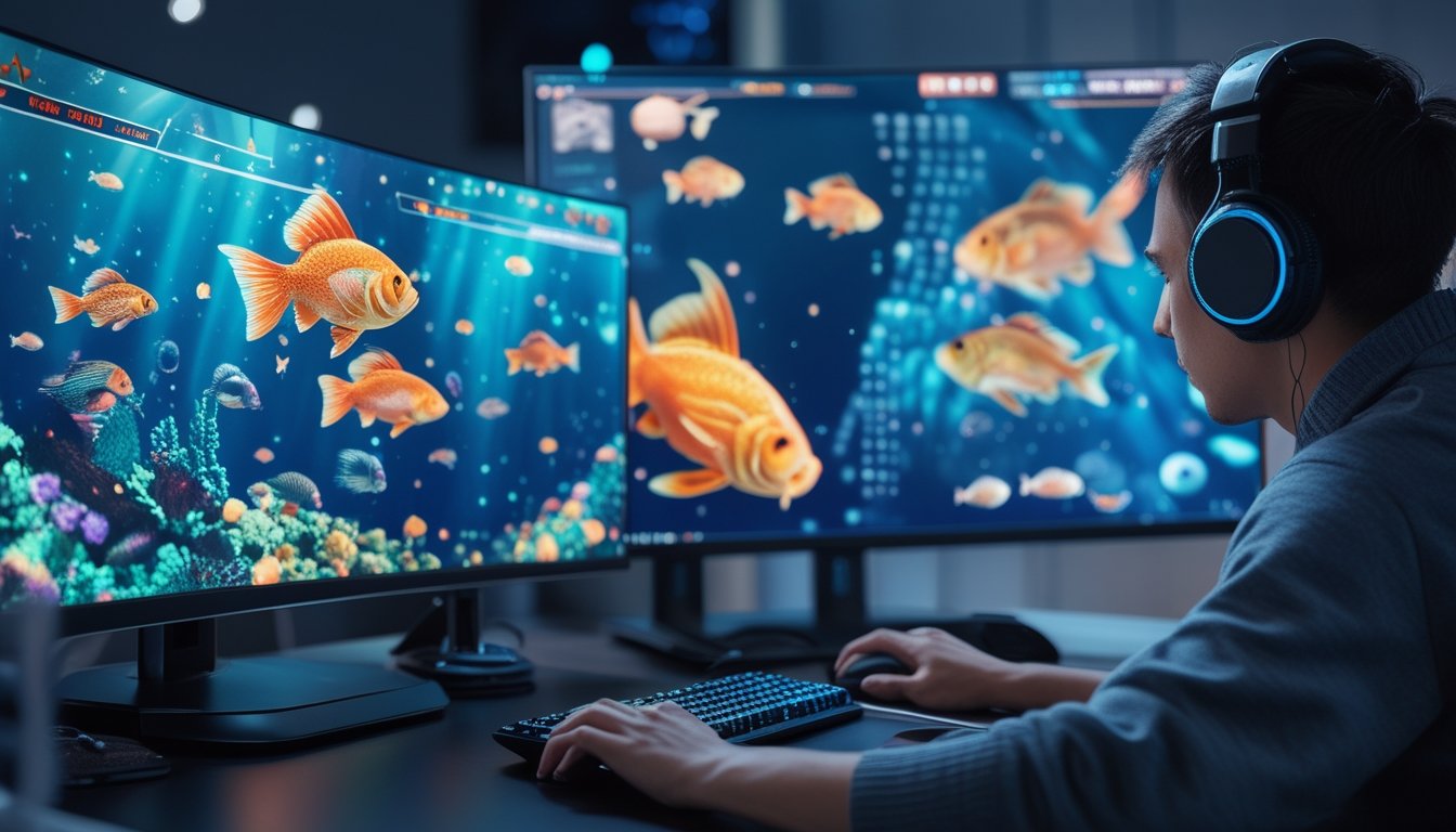 Seorang pemain sedang bermain game tembak ikan online dengan layar komputer menampilkan berbagai ikan berwarna-warni dan pola ikan naga yang mencolok.