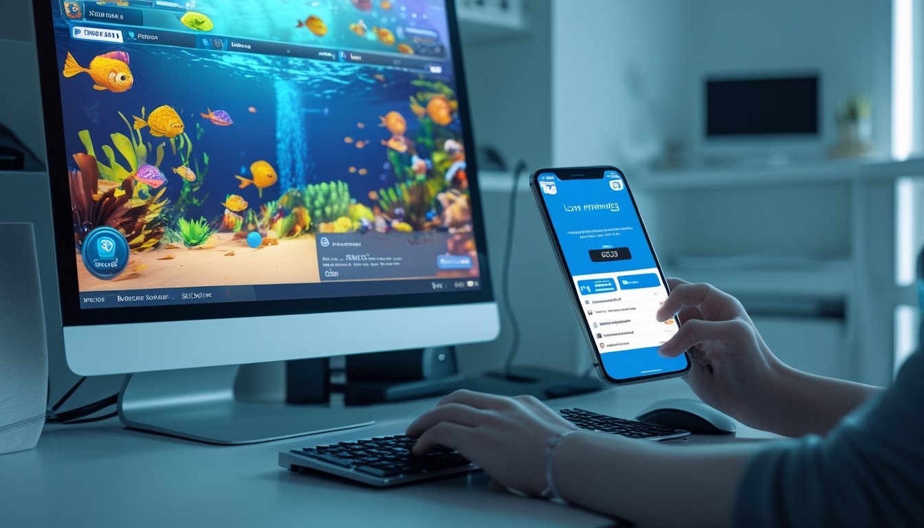 Seseorang menggunakan komputer dan ponsel untuk bermain permainan tembak ikan online dengan aplikasi e-wallet di meja kerja yang rapi.