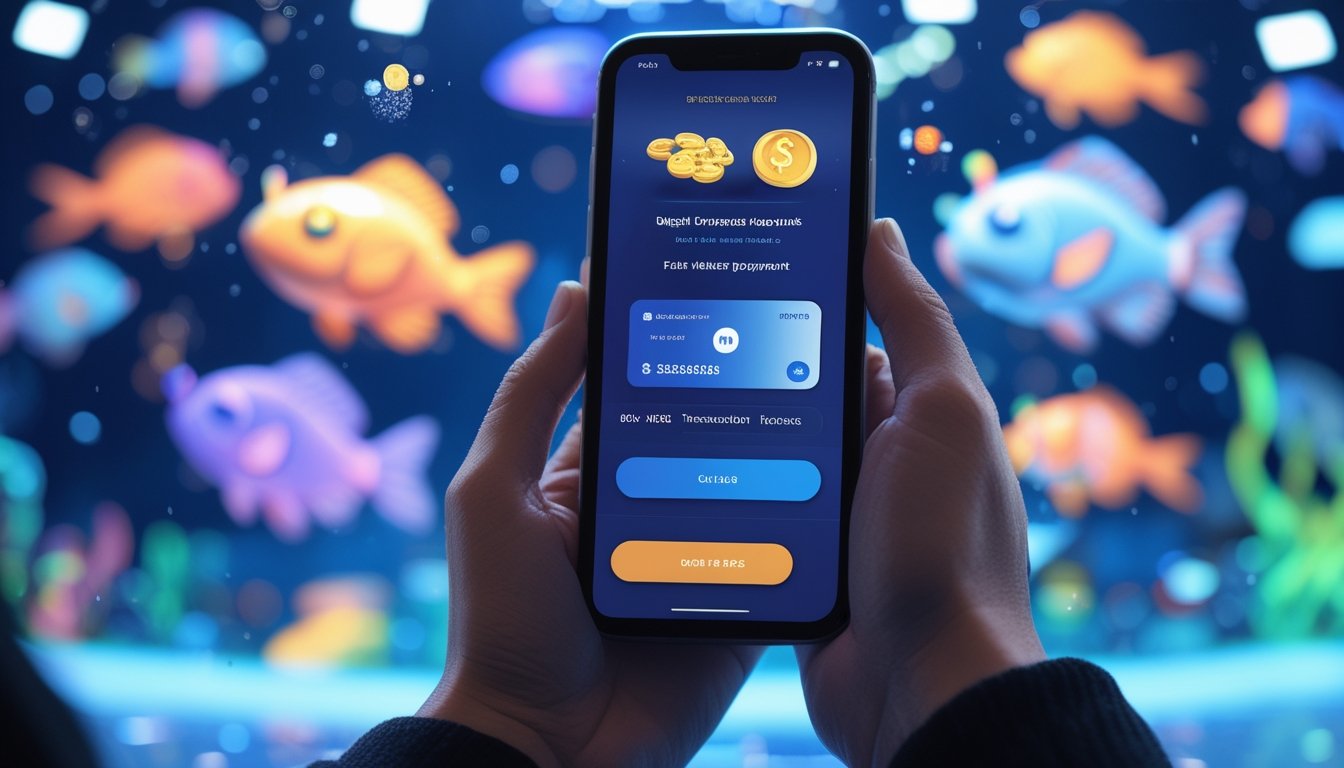 Tangan memegang ponsel dengan aplikasi dompet digital di layar, latar belakang menampilkan permainan tembak ikan dengan ikan berwarna-warni.