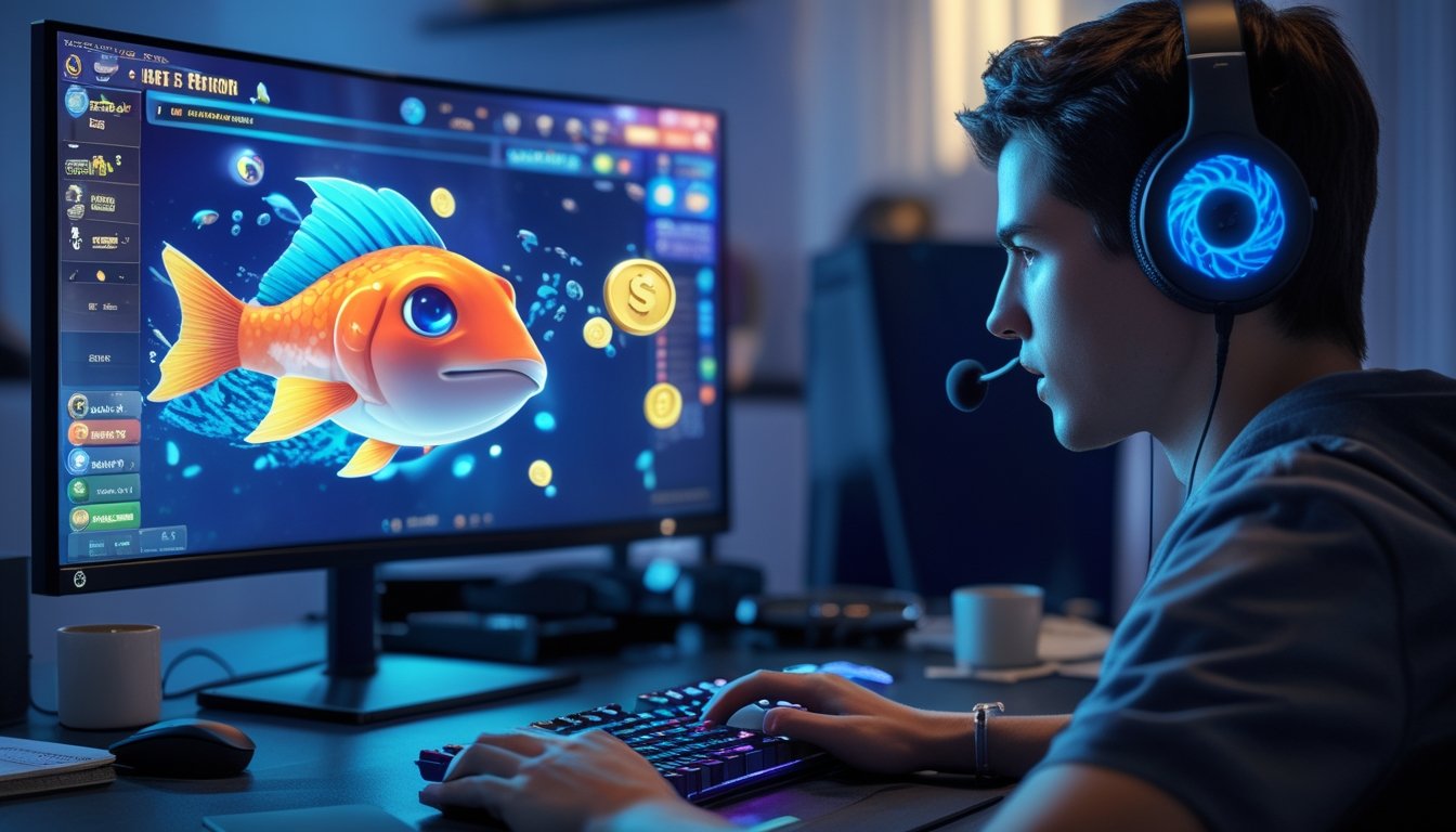 Seorang pria muda bermain game tembak ikan di komputer dengan fokus, meja rapi dengan perlengkapan gaming dan catatan strategi.