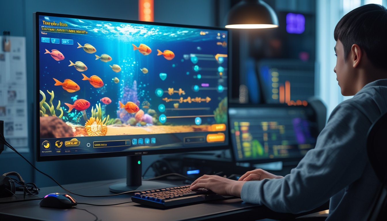 Seorang pemain muda sedang bermain game judi tembak ikan online dengan layar komputer yang menampilkan grafis ikan warna-warni dan suasana ruangan yang fokus dan modern.