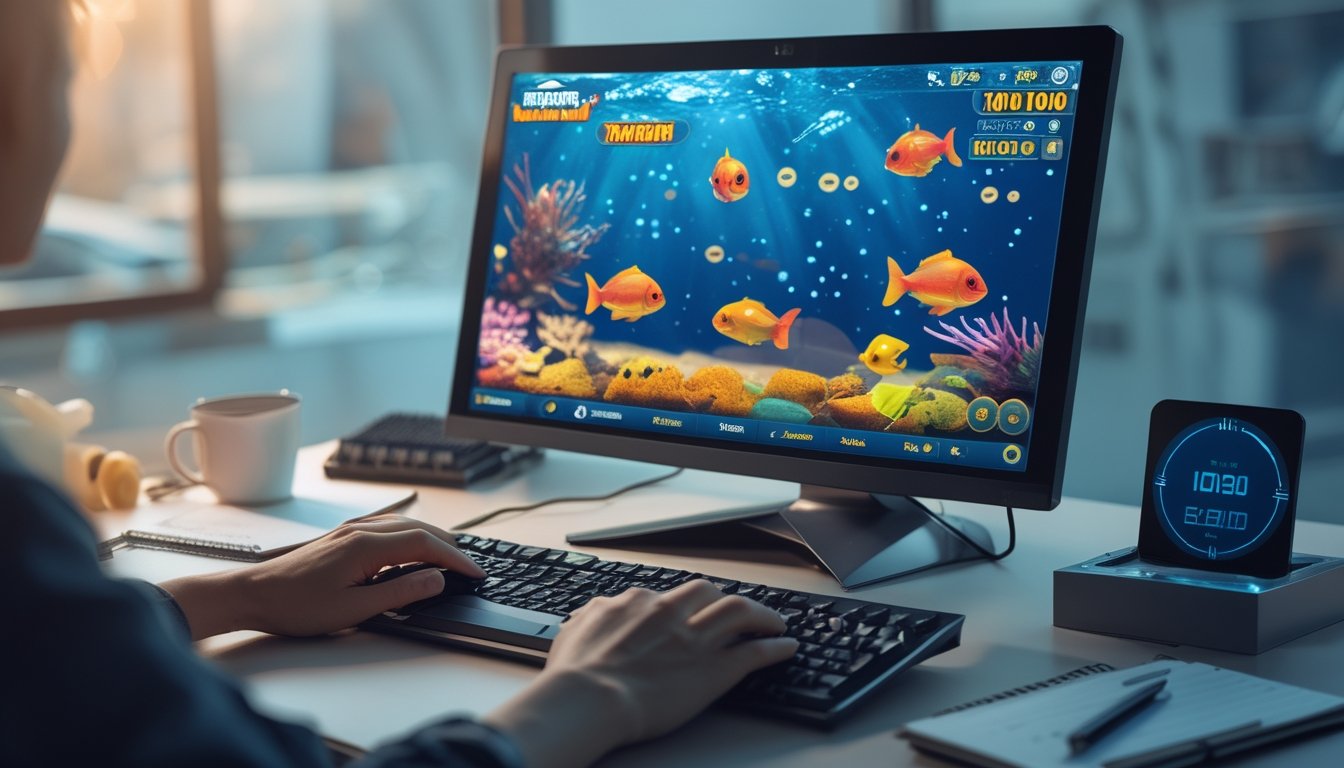 Seseorang sedang bermain game tembak ikan online di komputer dengan layar menampilkan ikan berwarna-warni dan elemen tembakan, di meja terdapat catatan dan cangkir kopi.