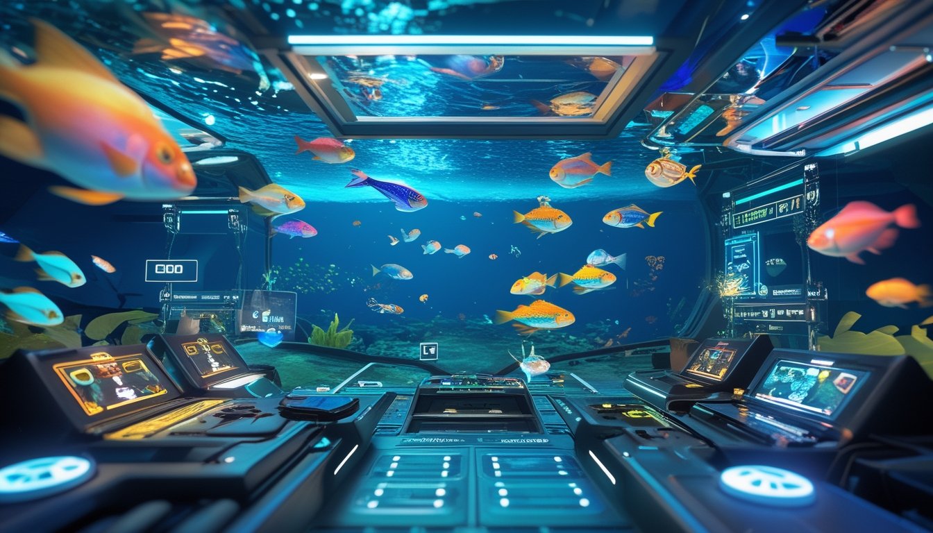 Pemandangan bawah laut dengan berbagai ikan berwarna-warni dan beberapa pemain yang sedang bermain game tembak ikan menggunakan antarmuka modern.