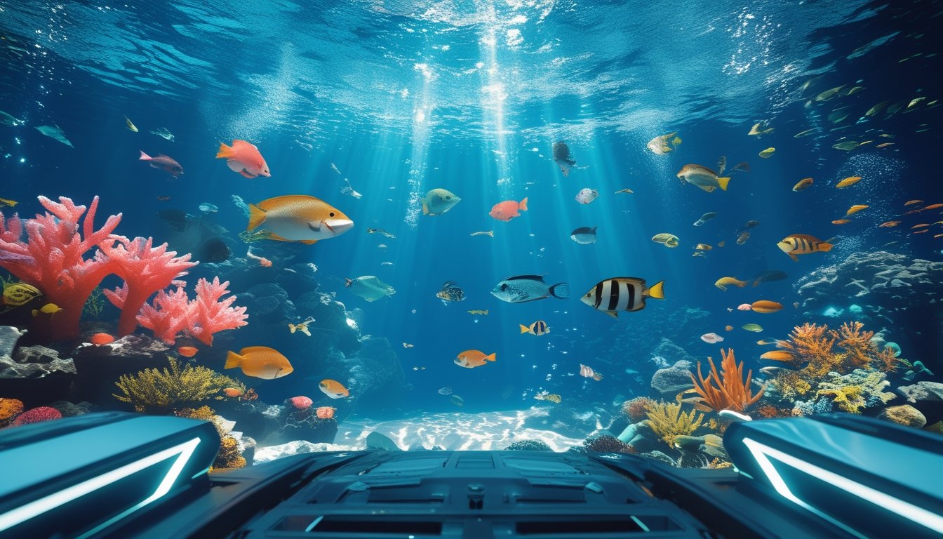 Pemandangan bawah laut dengan ikan warna-warni dan terumbu karang yang hidup, menampilkan suasana permainan tembak ikan modern.