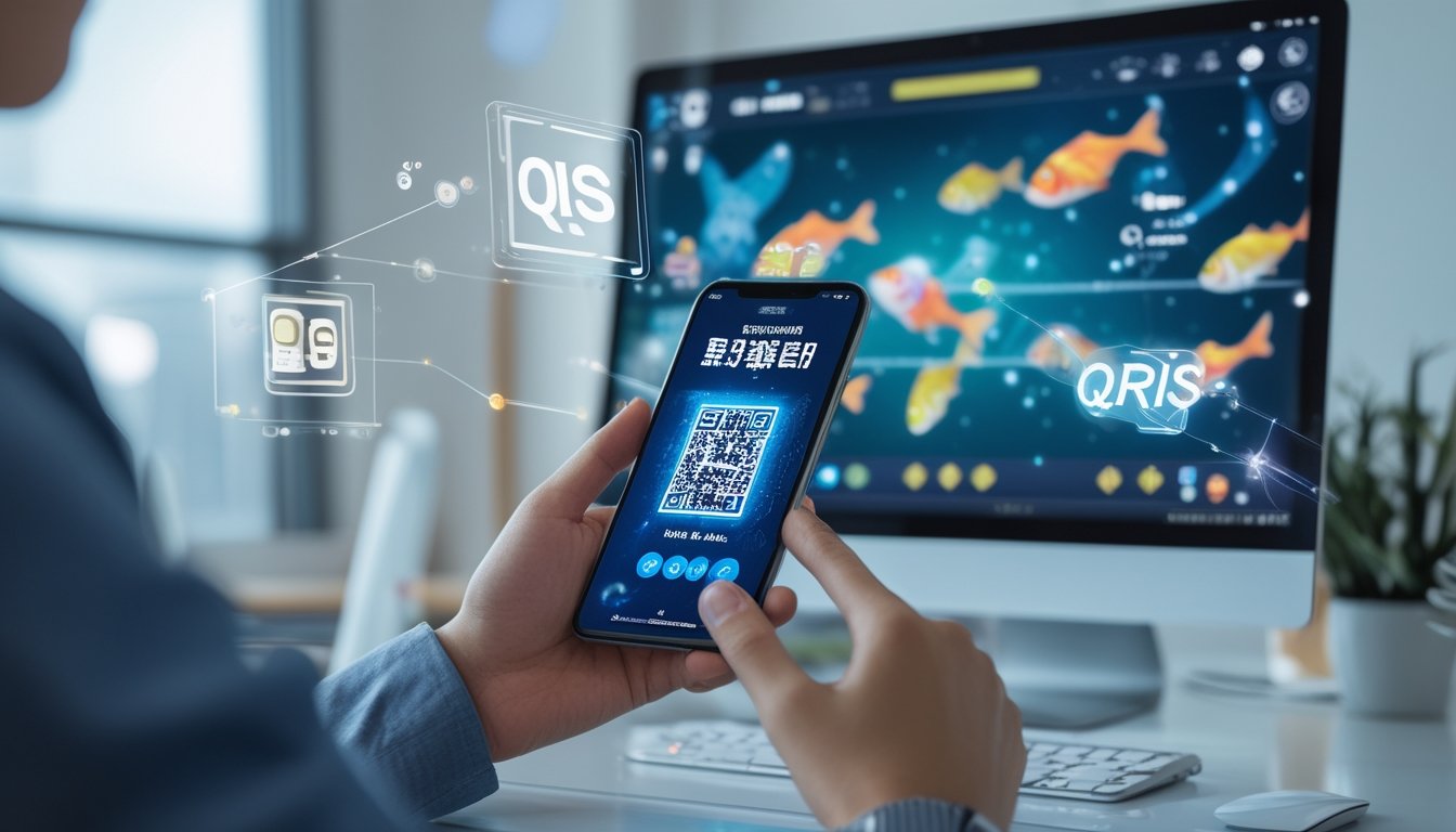 Seseorang memegang ponsel dengan kode QR di layar, di latar belakang terlihat permainan judi tembak ikan online di komputer.