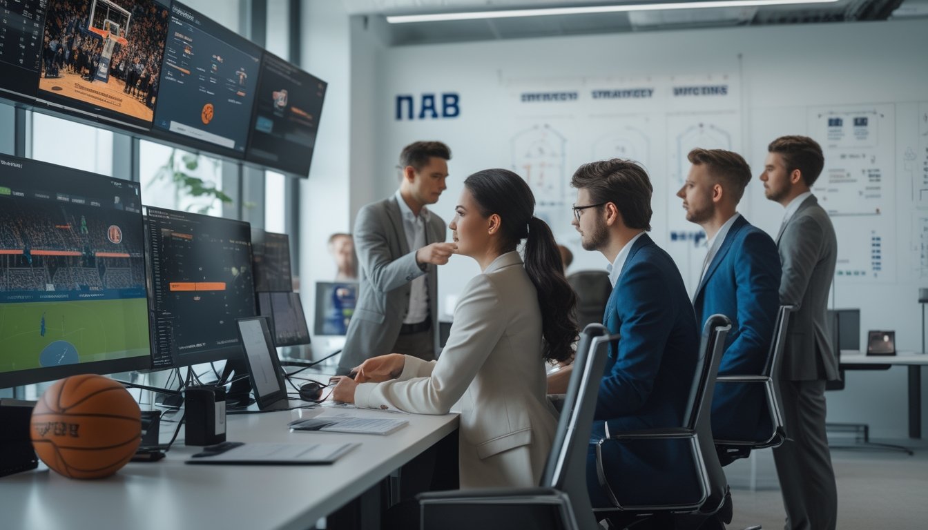 Sejumlah analis olahraga sedang bekerja di kantor modern dengan beberapa layar menampilkan statistik dan pertandingan bola basket NBA, sambil berdiskusi dan menganalisis data.