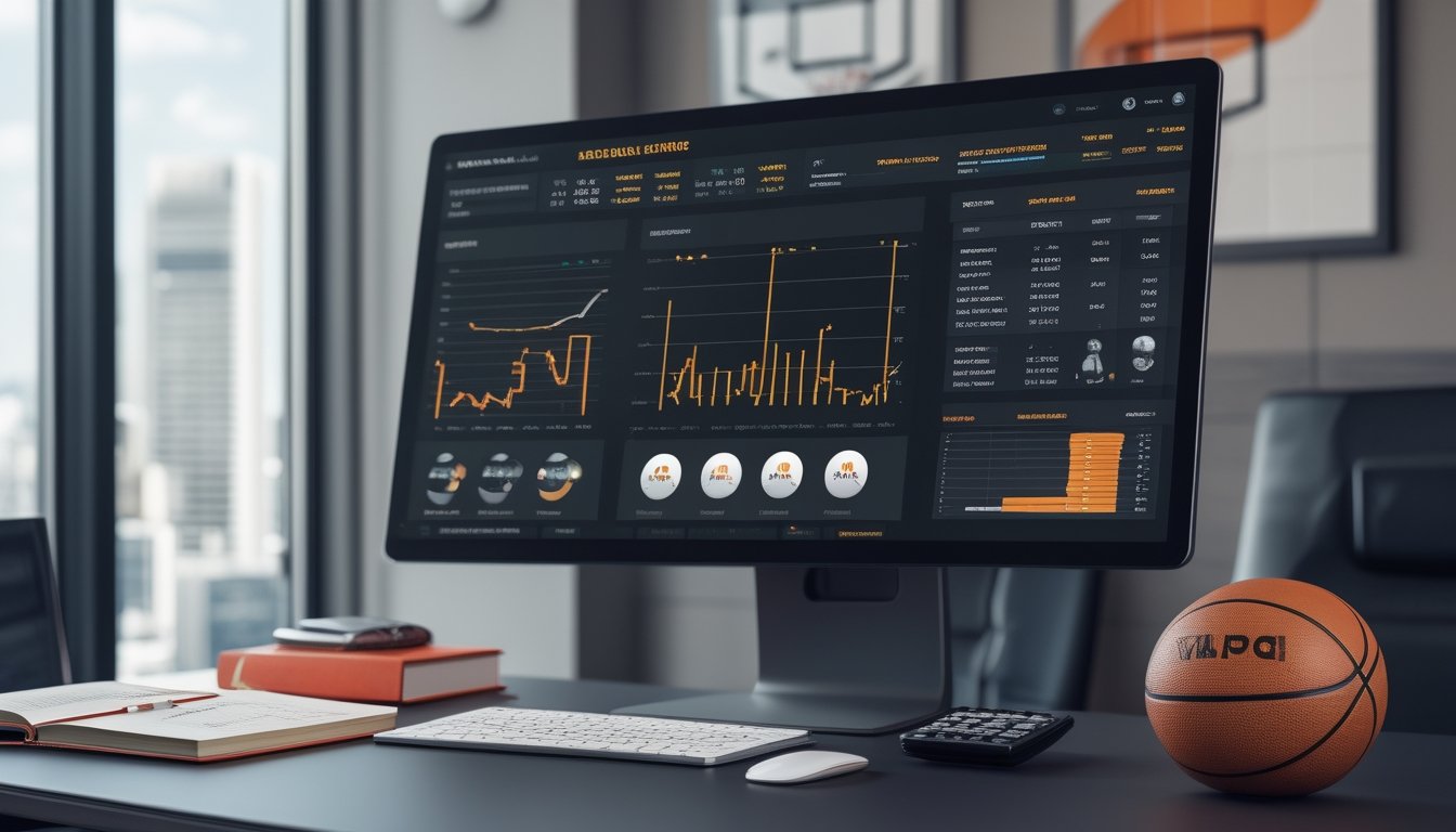 Seorang analis olahraga sedang melihat statistik pemain basket di depan komputer di kantor modern dengan bola basket dan alat tulis di meja.