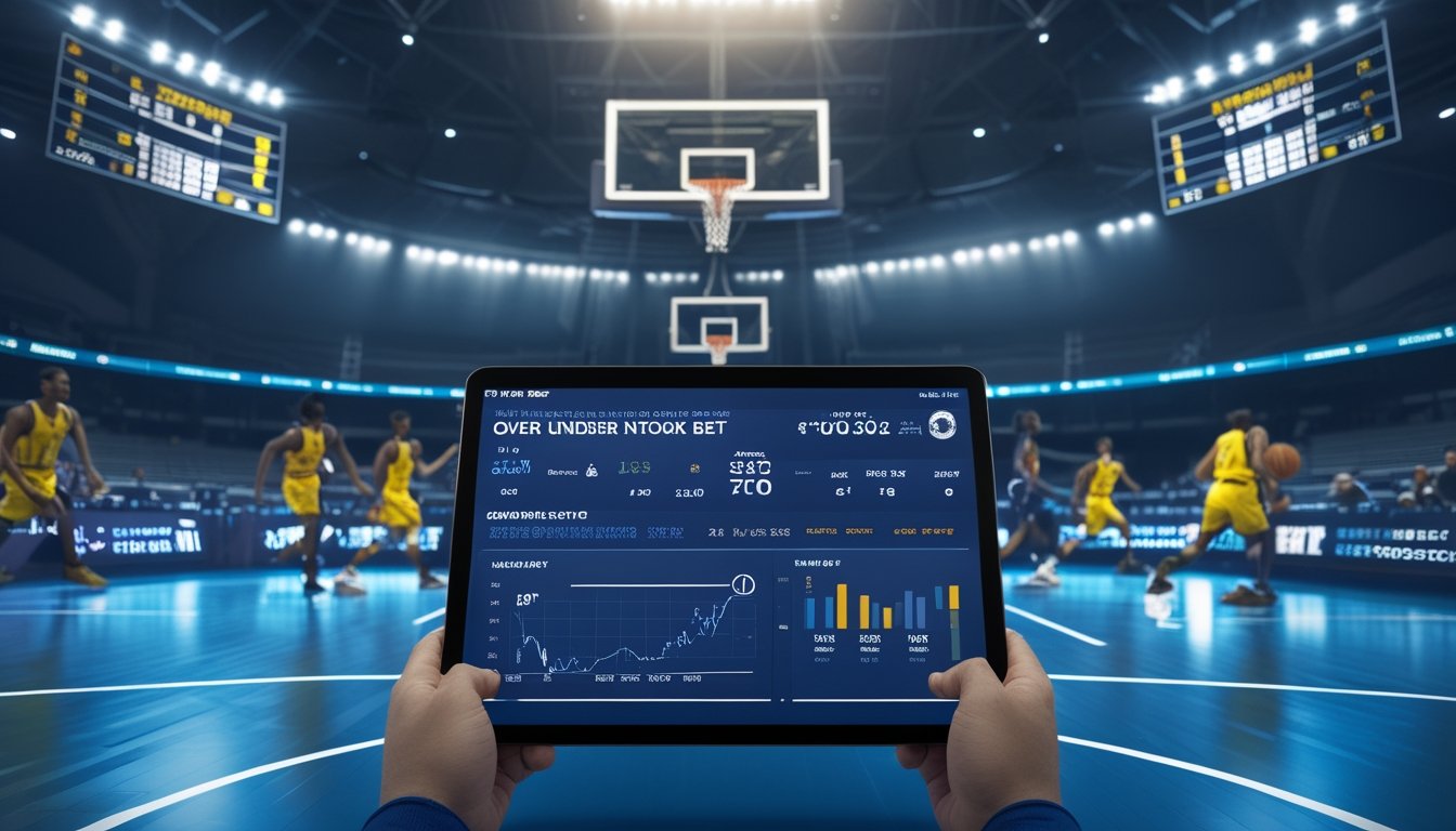 Seorang pria dan wanita sedang menganalisis statistik pemain bola basket di layar digital di samping lapangan basket dengan pemain yang sedang bermain.