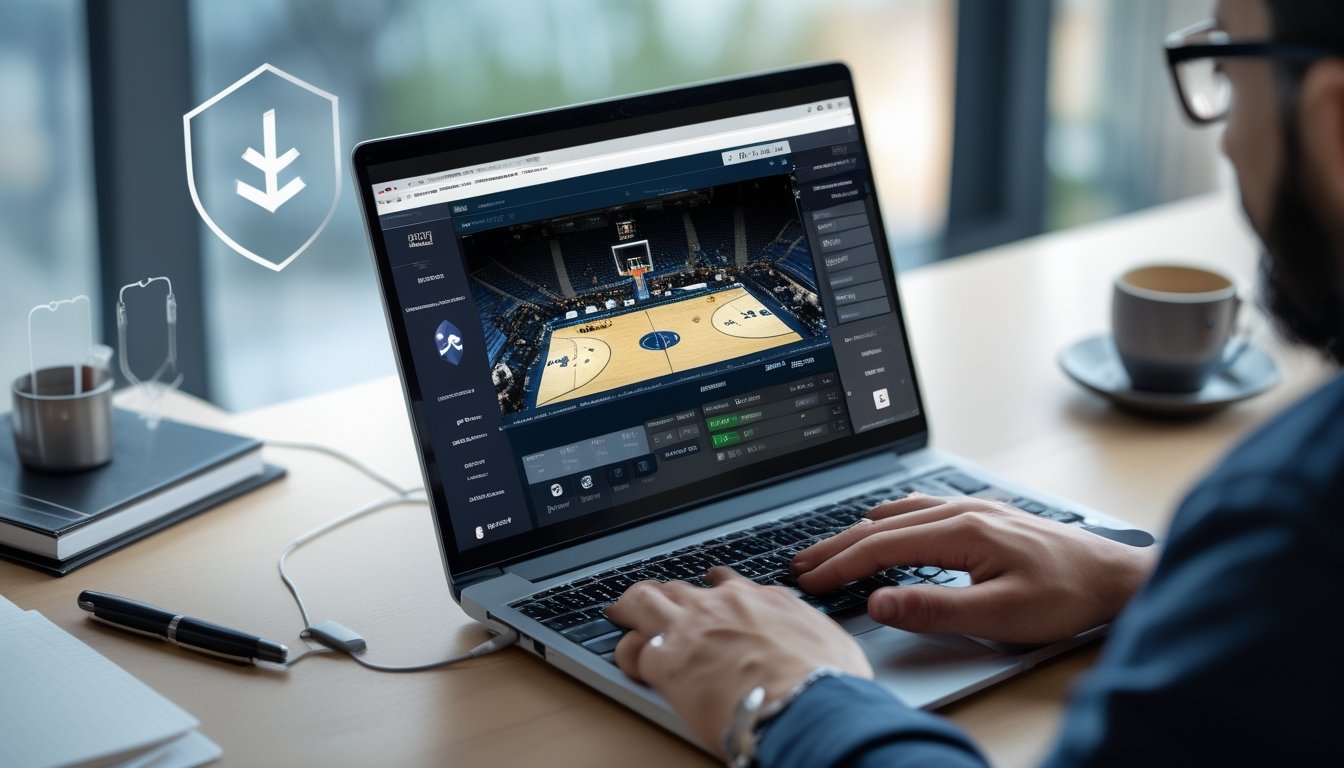 Seseorang menggunakan laptop di meja kerja yang rapi dengan tampilan pertandingan bola basket di layar.