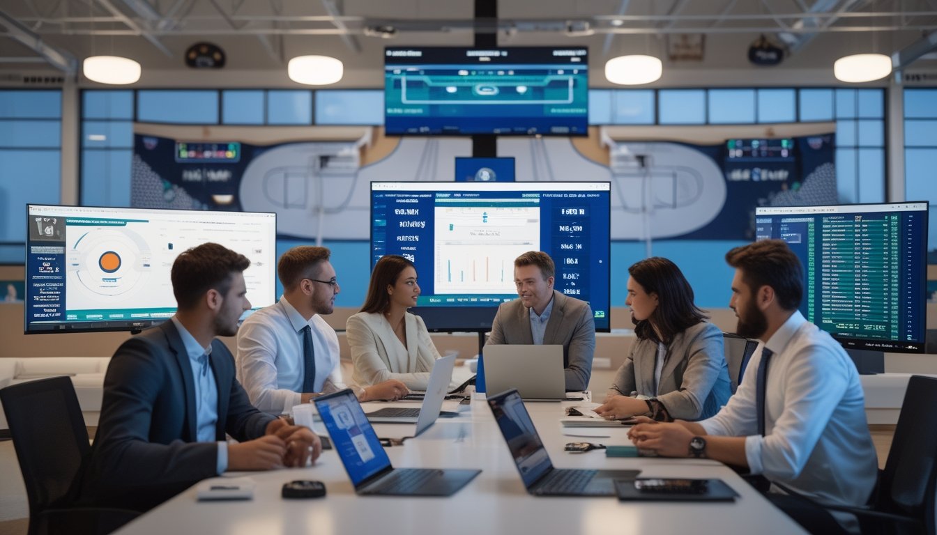 Sejumlah analis olahraga sedang berdiskusi di ruang kantor modern dengan layar komputer menampilkan statistik dan grafik performa tim NBA.