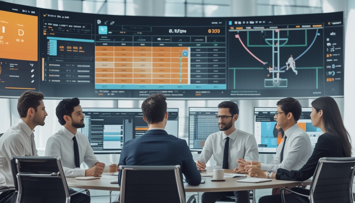 Sejumlah analis olahraga sedang berdiskusi dan menganalisis data performa tim NBA di ruang kerja modern dengan layar komputer yang menampilkan statistik dan grafik bola basket.