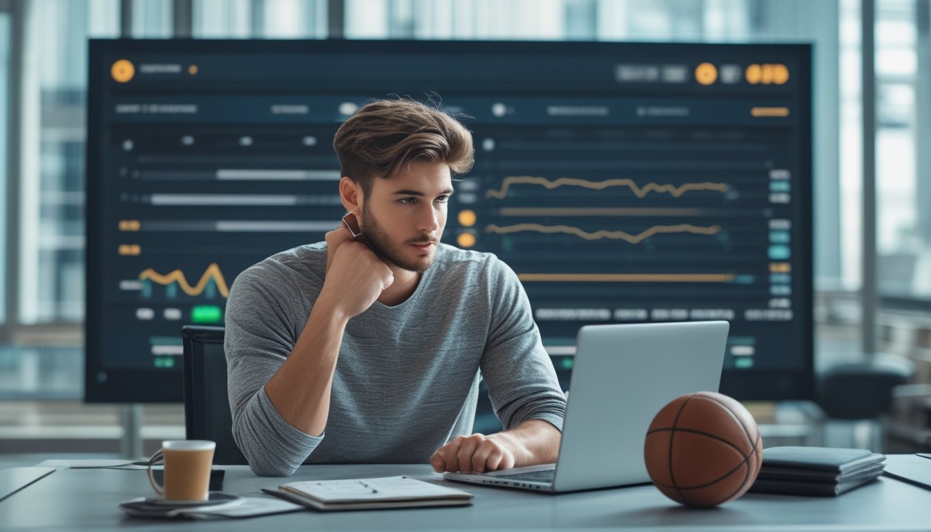 Seorang pria muda duduk di meja dengan laptop dan bola basket, melihat layar yang menampilkan statistik pertandingan basket.