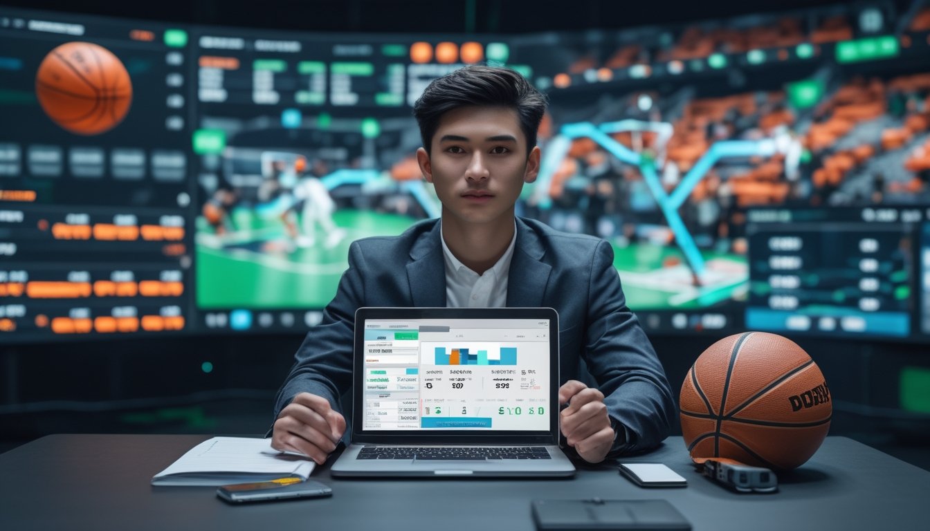 Seorang pria muda duduk di meja dengan laptop, bola basket, dan grafik di layar, menggambarkan pengelolaan modal taruhan olahraga basket.