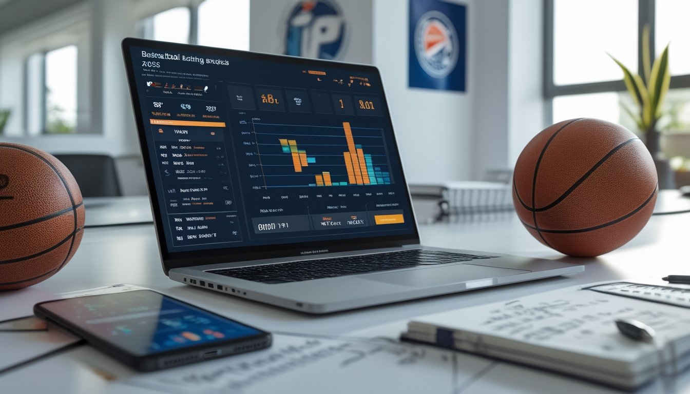 Meja kerja dengan laptop yang menampilkan statistik dan peluang taruhan basket, bola basket, buku catatan dengan perhitungan, dan ponsel dengan aplikasi taruhan di sebuah kantor yang terang.