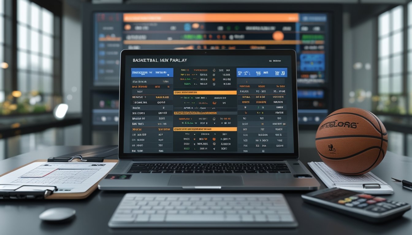 Meja kerja modern dengan laptop menampilkan statistik taruhan basket, bola basket, papan catatan strategi, dan kalkulator.