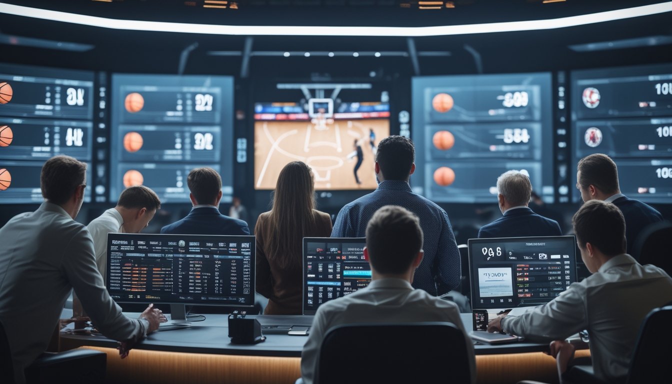 Sekelompok orang sedang memperhatikan layar besar yang menampilkan statistik dan data taruhan langsung pertandingan bola basket.