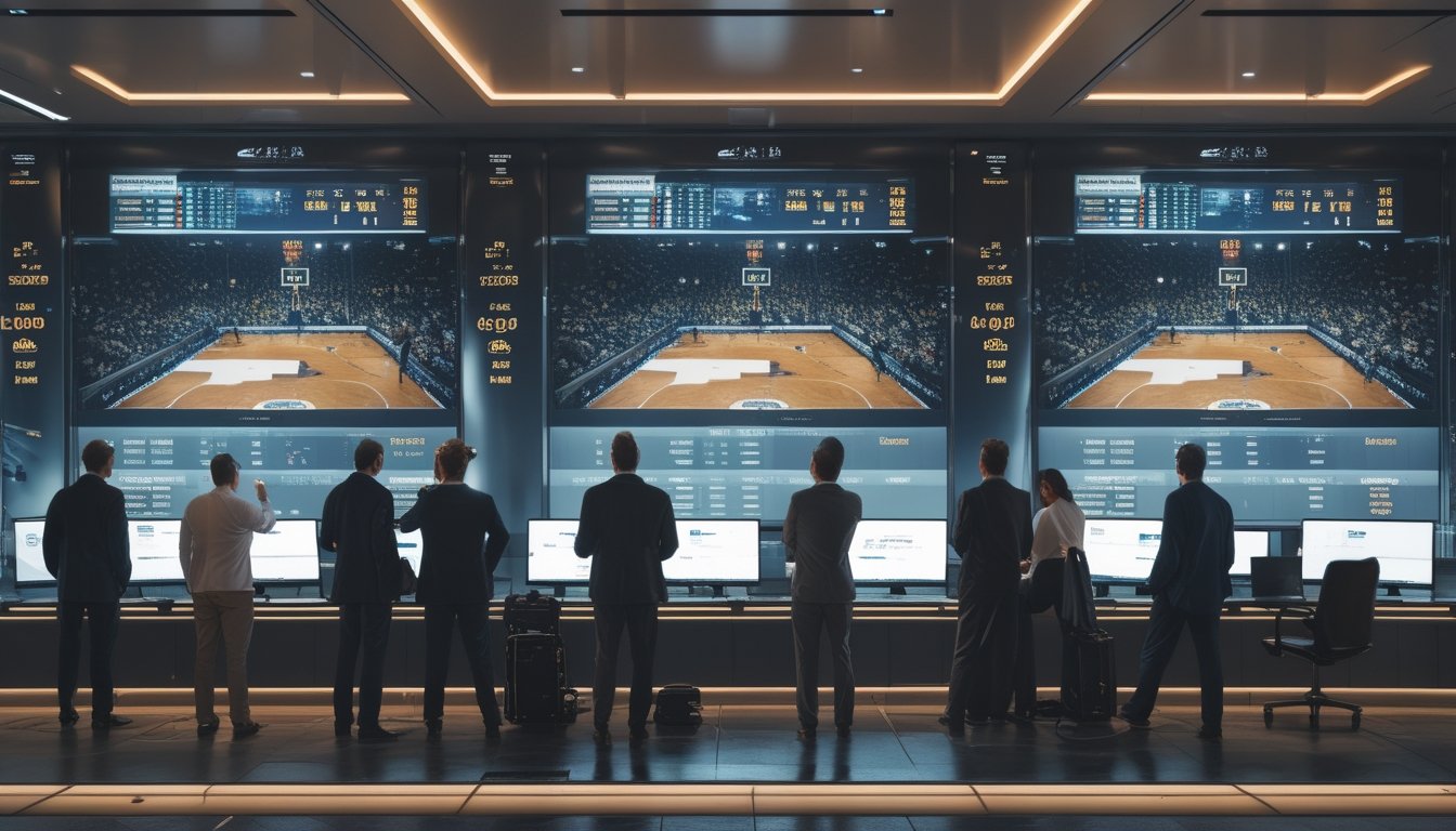 Beberapa orang sedang menganalisis layar digital yang menampilkan odds live dan statistik pertandingan bola basket secara real-time.