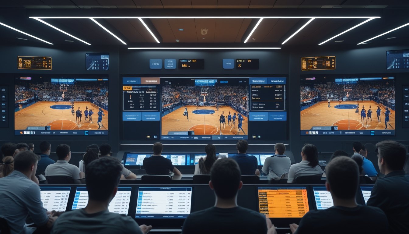 Sekelompok orang menonton pertandingan basket secara langsung di layar besar dengan perangkat digital di sekitarnya.