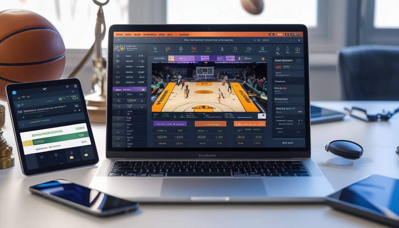Meja kerja dengan laptop yang menampilkan pertandingan basket langsung, dikelilingi perangkat digital dan bola basket.