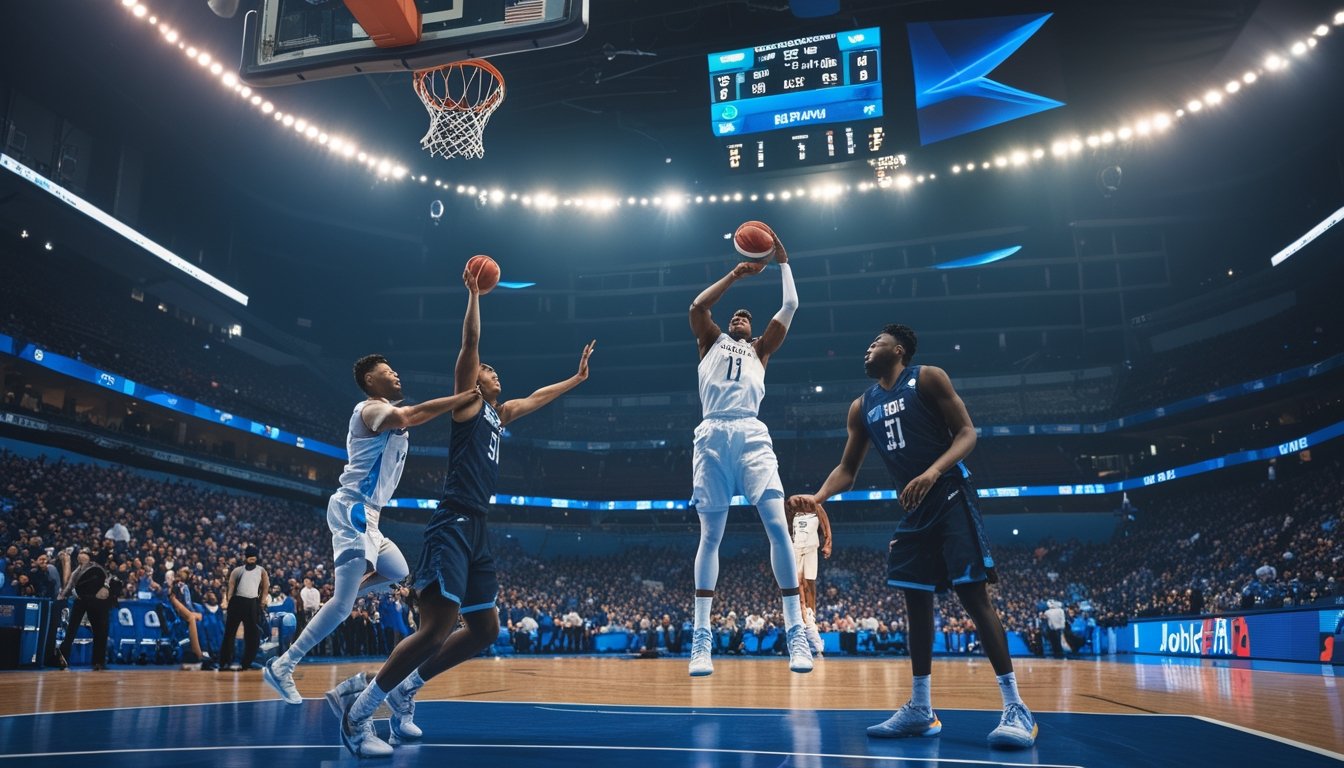 Pertandingan basket intens di dalam stadion dengan pemain yang sedang beraksi dan penonton ramai.