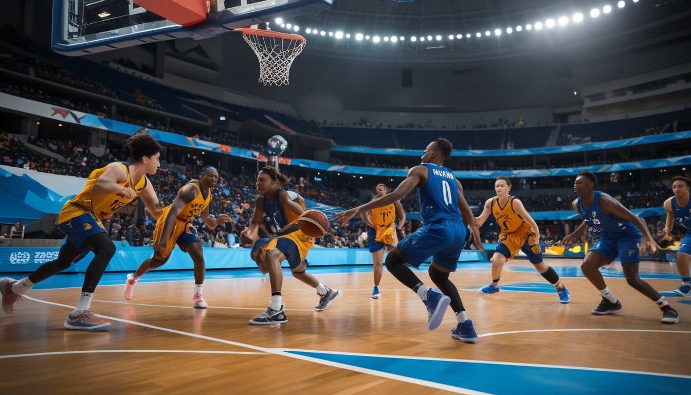 Pertandingan basket sedang berlangsung dengan pemain yang bergerak aktif di lapangan dalam arena yang penuh penonton.