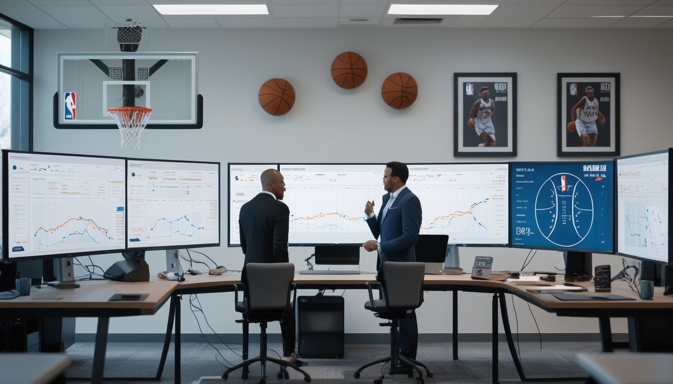 Seorang analis olahraga sedang melihat data cedera pemain basket NBA di depan beberapa layar komputer dalam sebuah kantor modern.