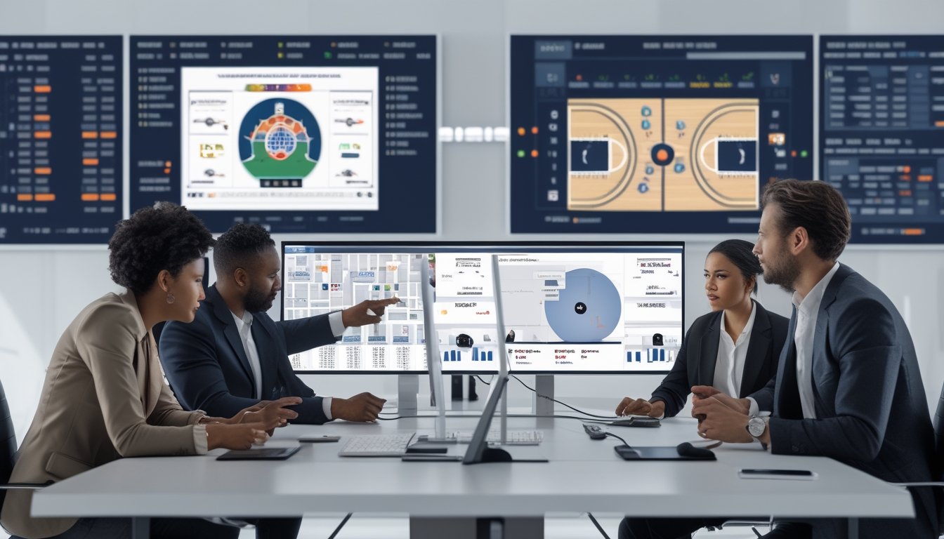 Sejumlah analis olahraga sedang berdiskusi di depan layar komputer yang menampilkan data cedera pemain dan grafik pertandingan basket NBA.