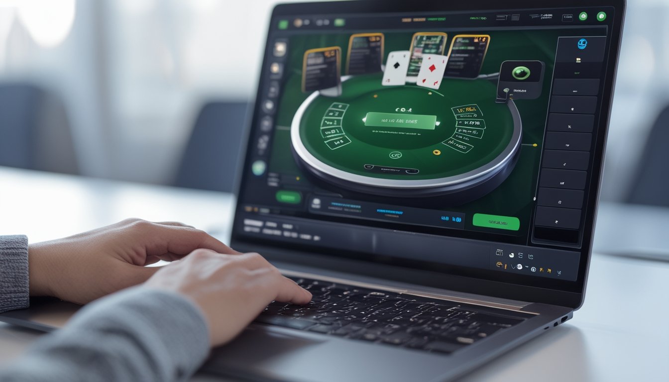 Seseorang menggunakan laptop dengan tampilan meja blackjack virtual di layar, menunjukkan suasana permainan blackjack online.