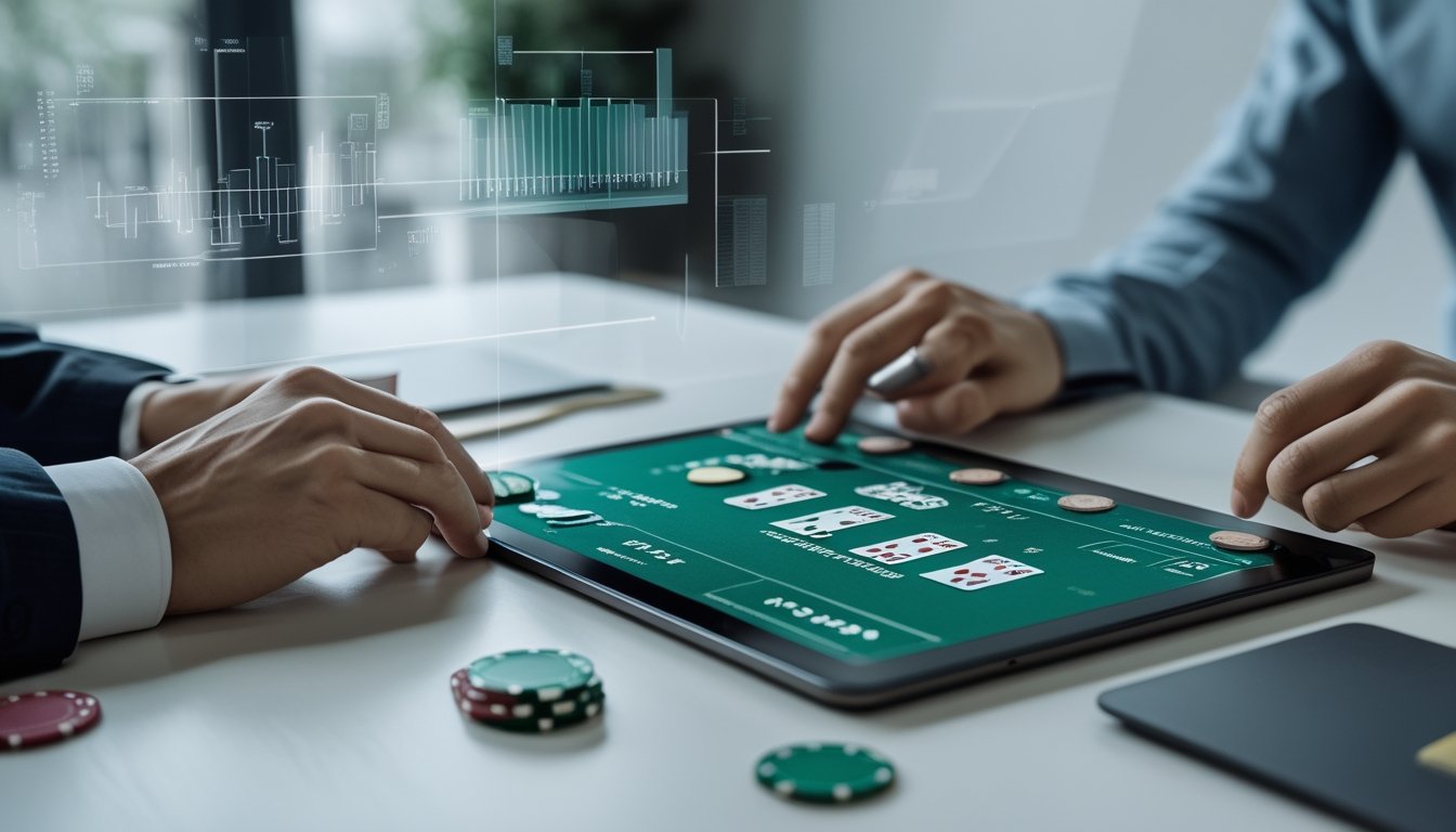 Seseorang bermain blackjack online di depan layar komputer dengan kartu dan chip terlihat jelas, di latar belakang terdapat grafik probabilitas yang samar.