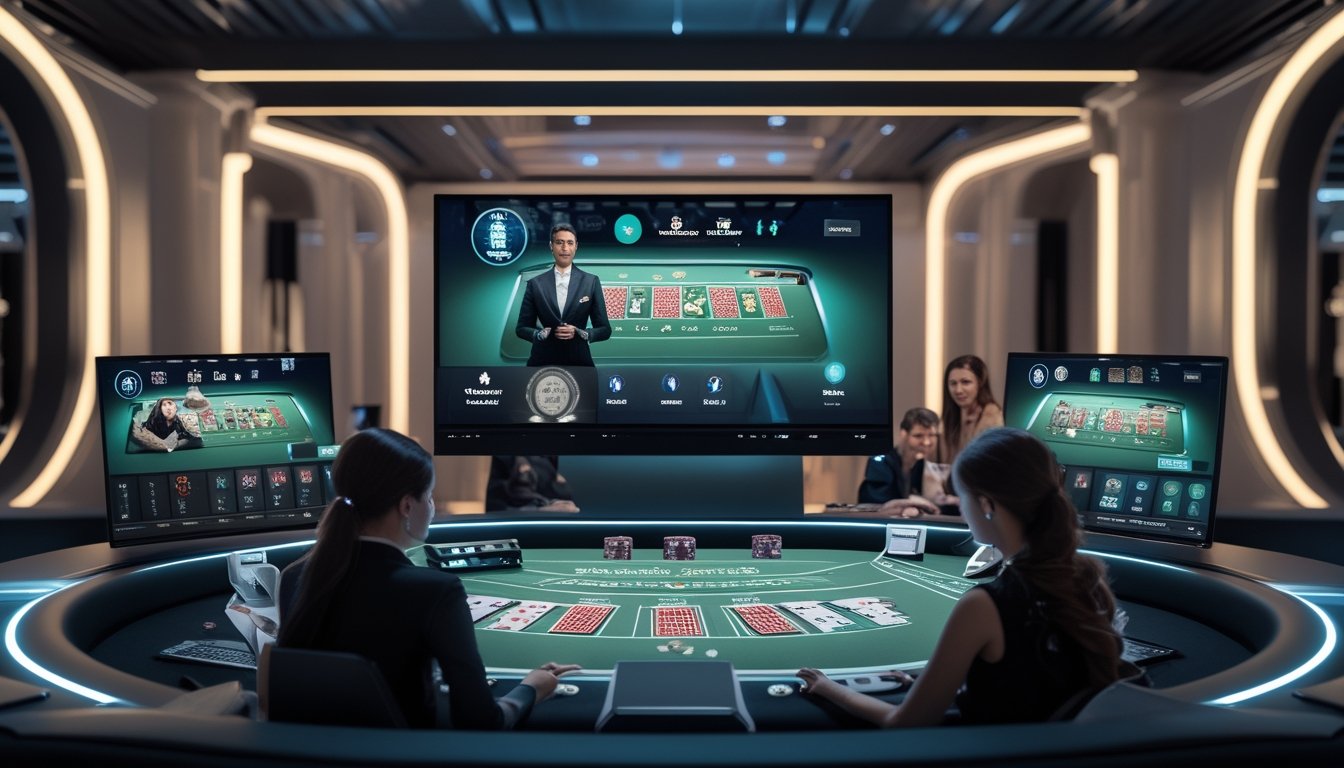 Suasana permainan blackjack online dengan dealer langsung dan pemain yang menggunakan perangkat digital di lingkungan kasino modern.