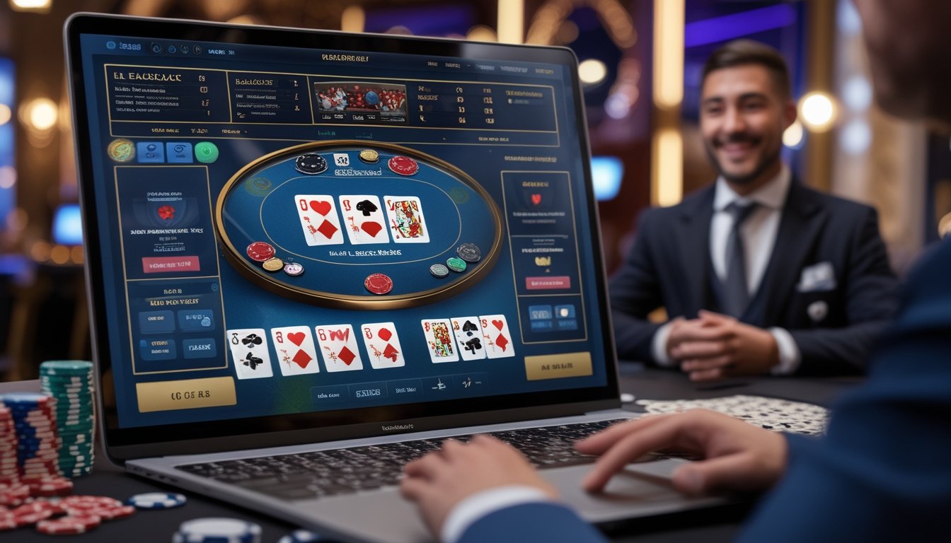 Seorang dealer blackjack profesional sedang bermain di depan kamera dengan tampilan permainan blackjack online di layar komputer.