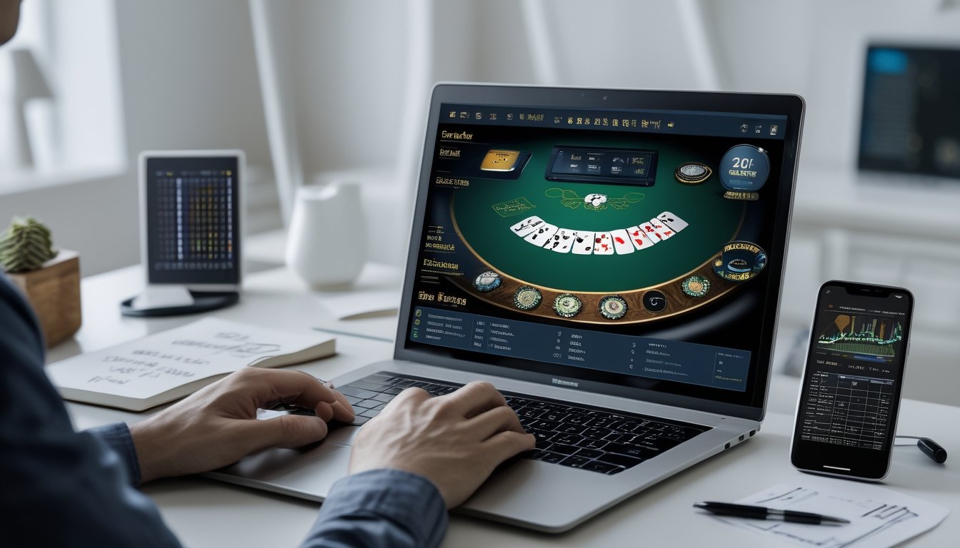 Seorang individu sedang menggunakan laptop dengan tampilan meja blackjack digital dan catatan strategi di sekitarnya dalam ruangan yang terang dan modern.