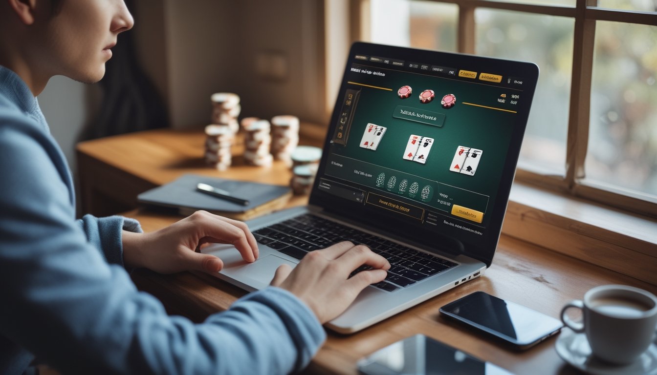 Seorang pemula bermain blackjack online di laptop di meja kayu dengan tumpukan chip poker dan catatan di ruangan yang terang dan rapi.