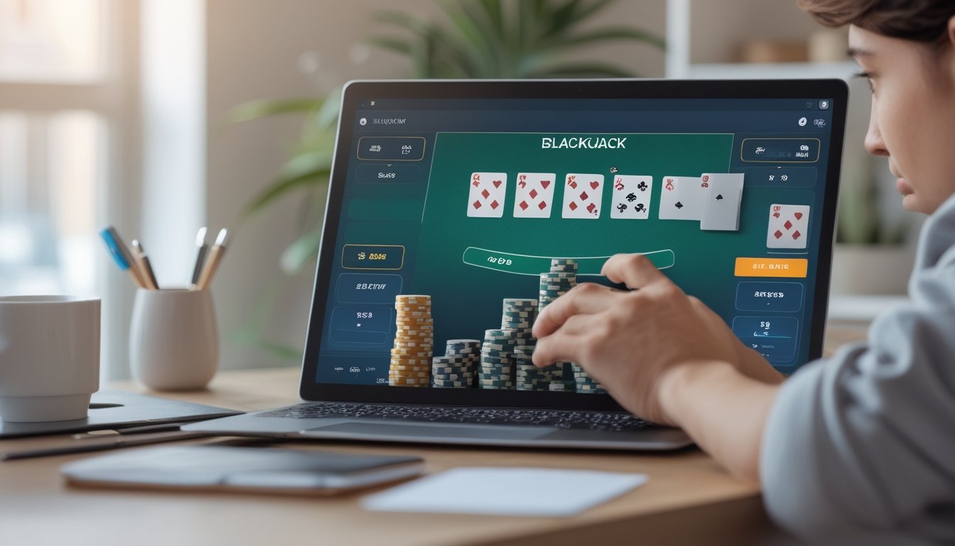 Seorang pemain muda sedang bermain blackjack online dengan laptop dan tumpukan chip kecil di meja dalam suasana ruang kerja yang rapi.
