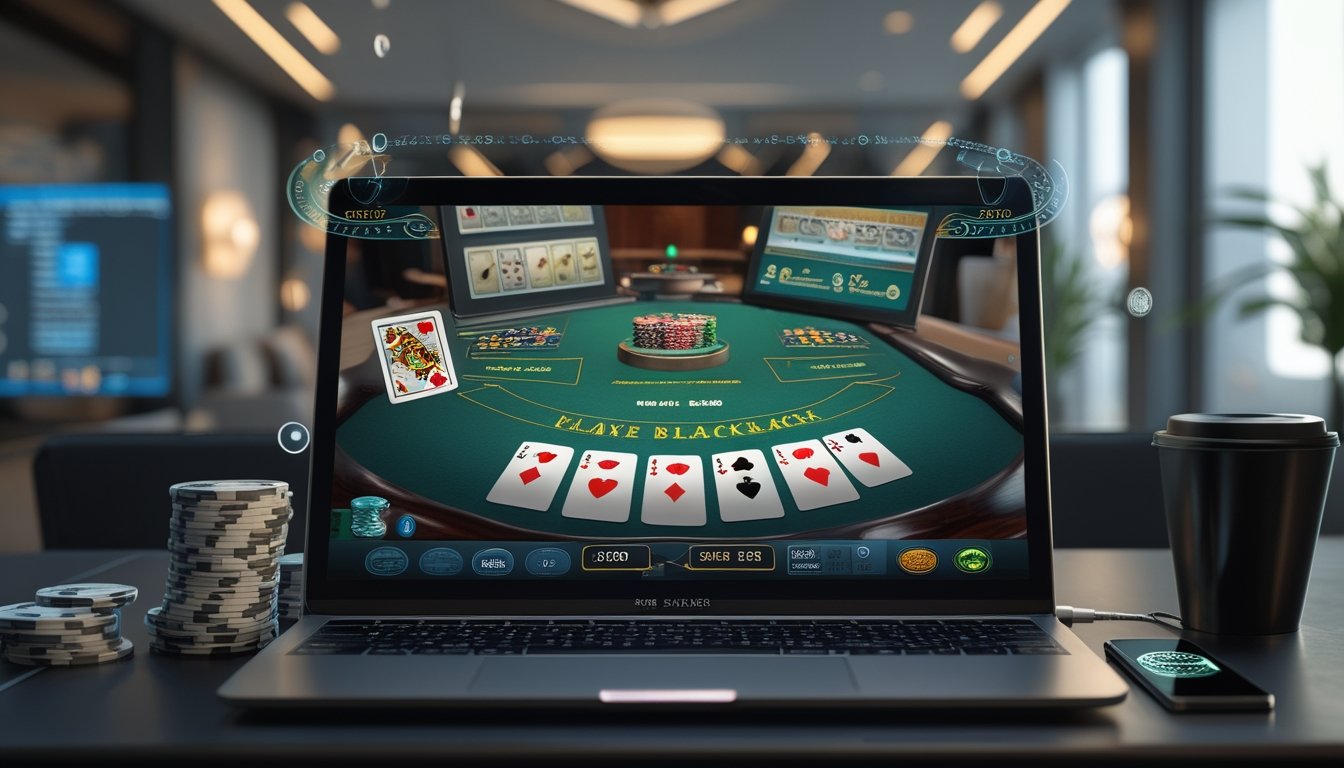 Sebuah meja dengan komputer menampilkan permainan blackjack online, tumpukan chip poker, dan ponsel di ruangan modern.