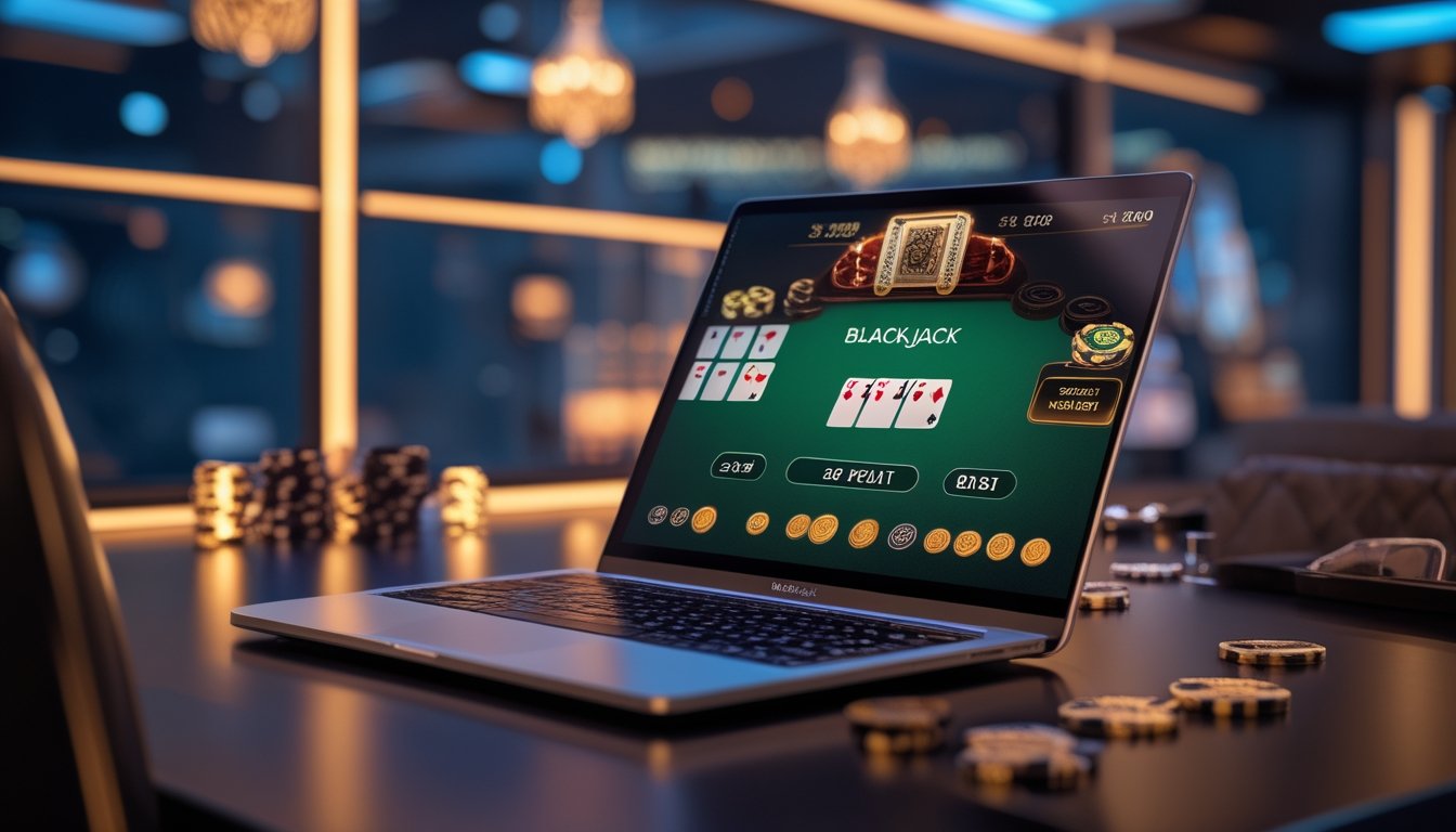 Tampilan permainan blackjack online pada layar laptop dengan kartu as dan kartu bernilai sepuluh, di latar belakang suasana kasino yang elegan.
