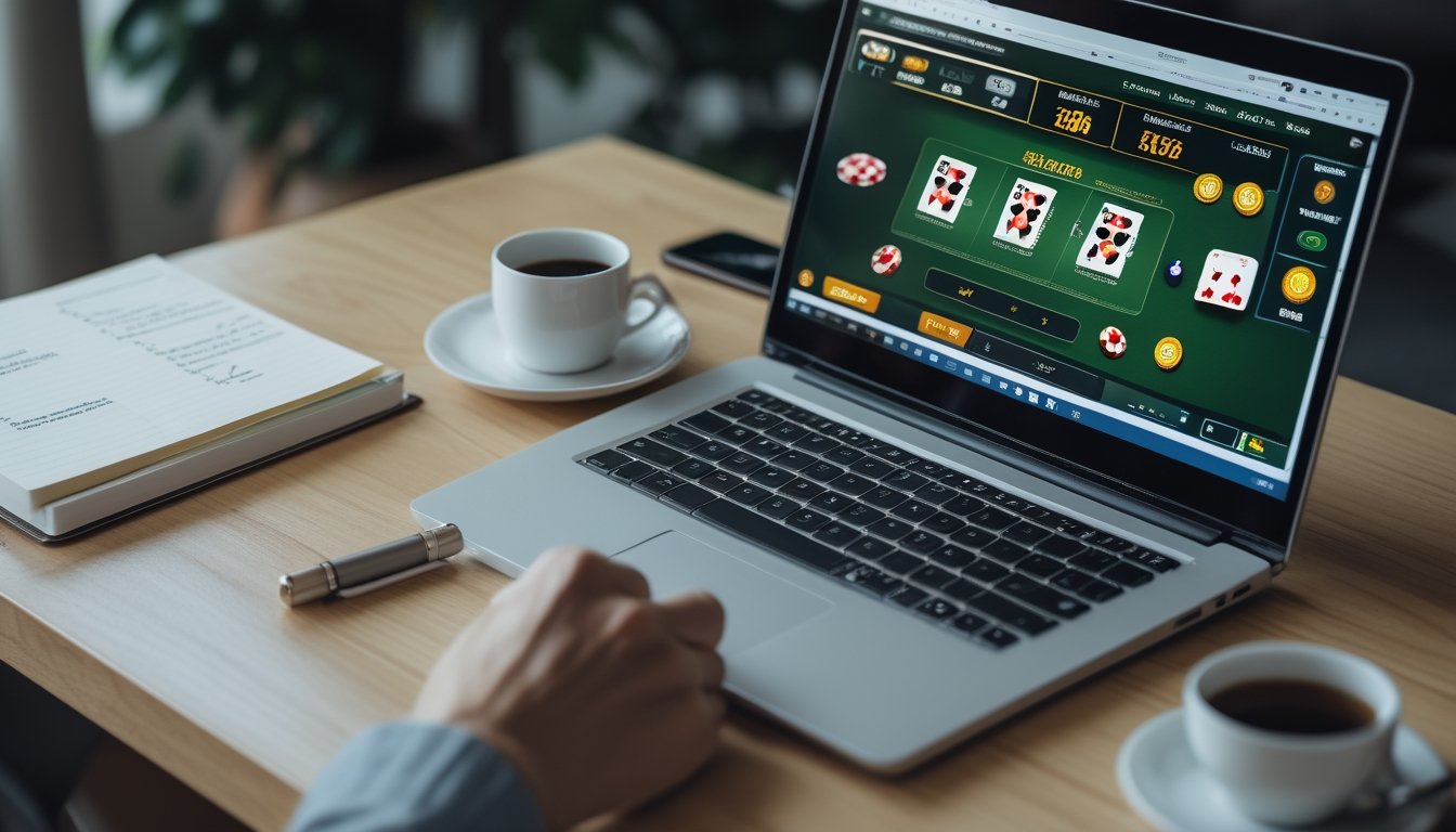 Seorang pemain blackjack online duduk di depan laptop dengan kartu dan chip di layar, di sampingnya ada buku catatan dan pena di atas meja kayu, suasana tenang dan fokus.