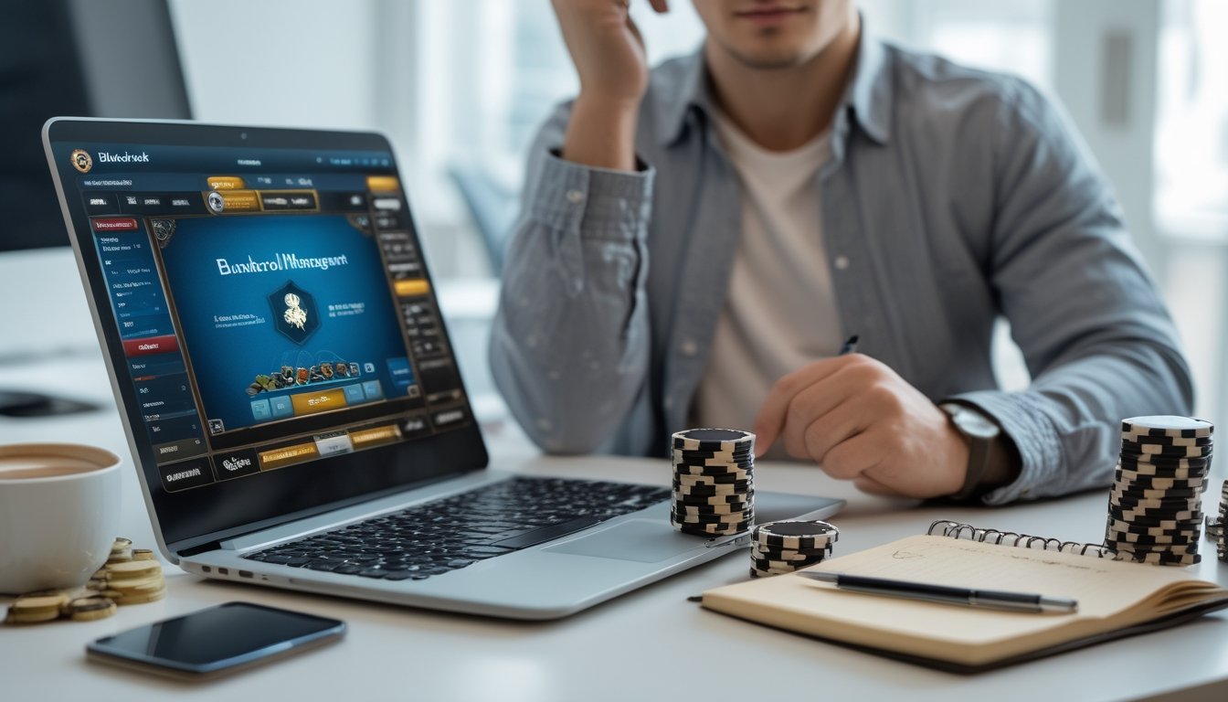 Seseorang duduk di depan laptop dengan permainan blackjack online, dikelilingi chip poker dan buku catatan di meja yang rapi.