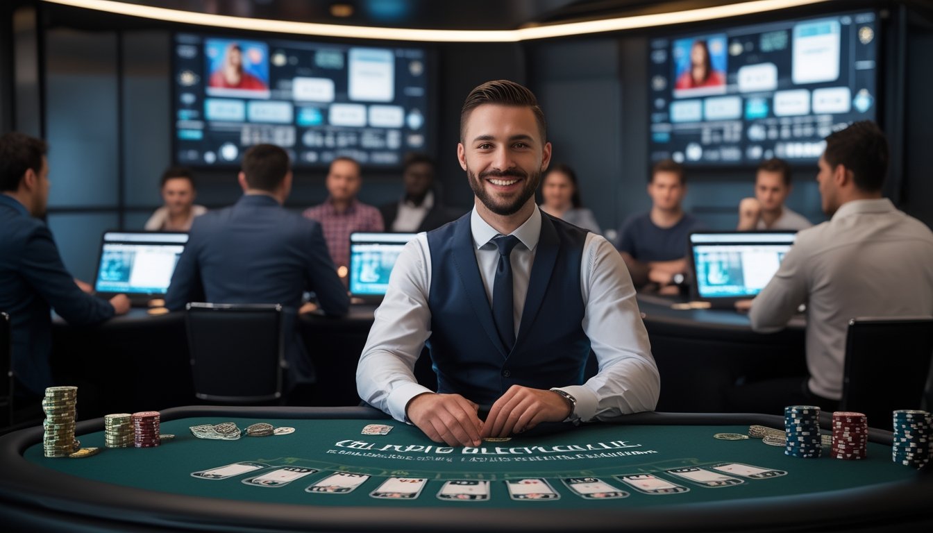 Seorang dealer blackjack profesional duduk di meja permainan dengan kartu dan chip, sementara pemain terlihat di layar komputer dalam suasana kasino modern.