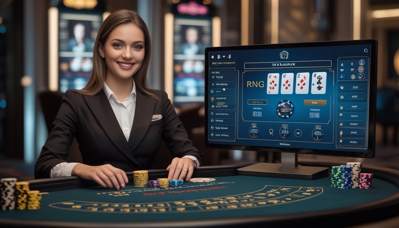 Seorang dealer blackjack profesional duduk di meja kasino dengan kartu dan chip, di samping layar yang menampilkan permainan blackjack RNG digital.