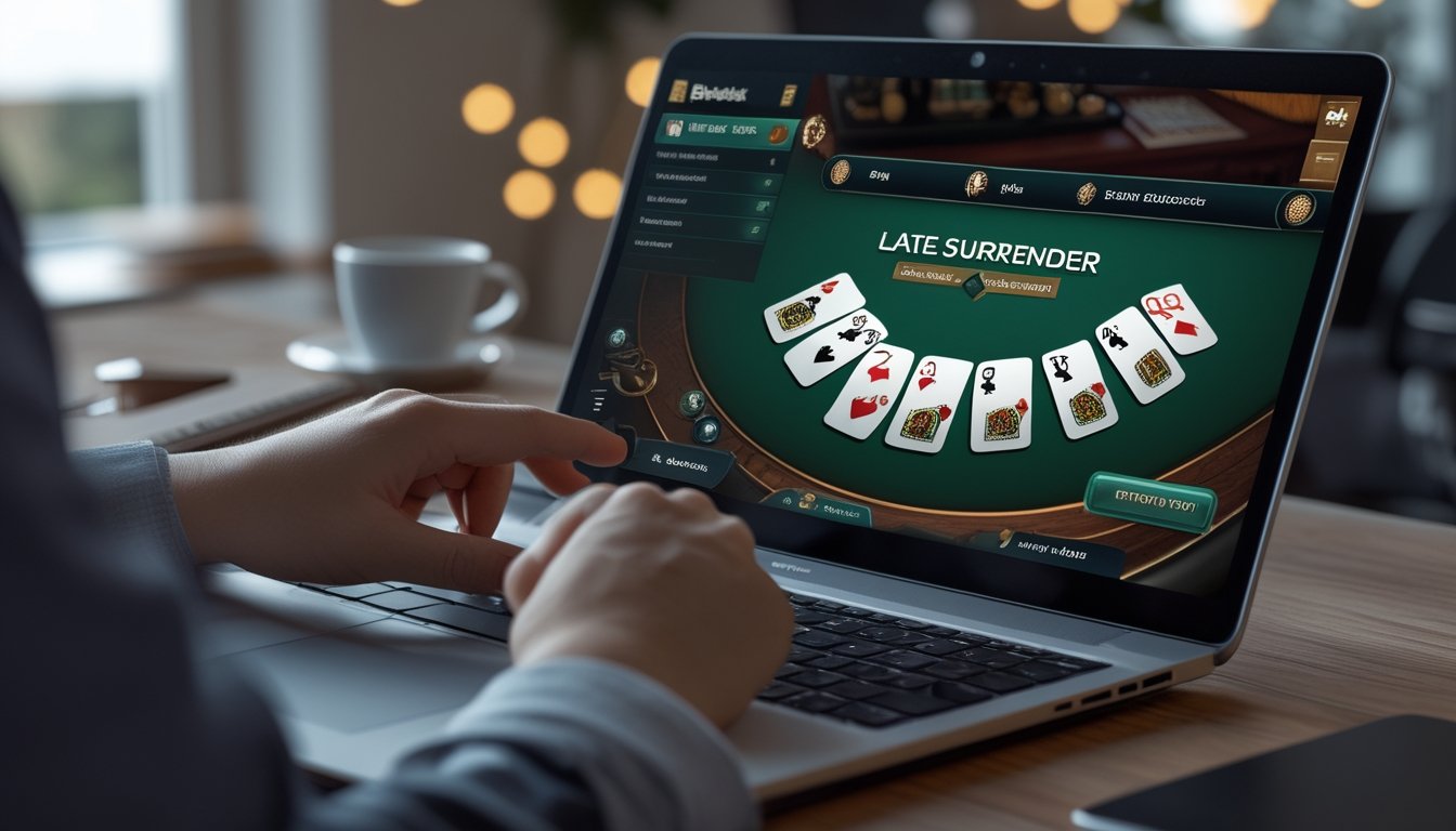 Tangan seseorang menggunakan laptop dengan tampilan permainan blackjack online, fokus pada pilihan opsi surrender terlambat.