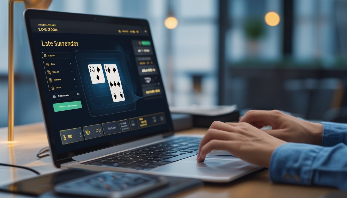 Seorang pemain menggunakan laptop untuk bermain blackjack online dengan fokus pada kartu dan opsi late surrender, di meja kerja yang rapi dan pencahayaan lembut.
