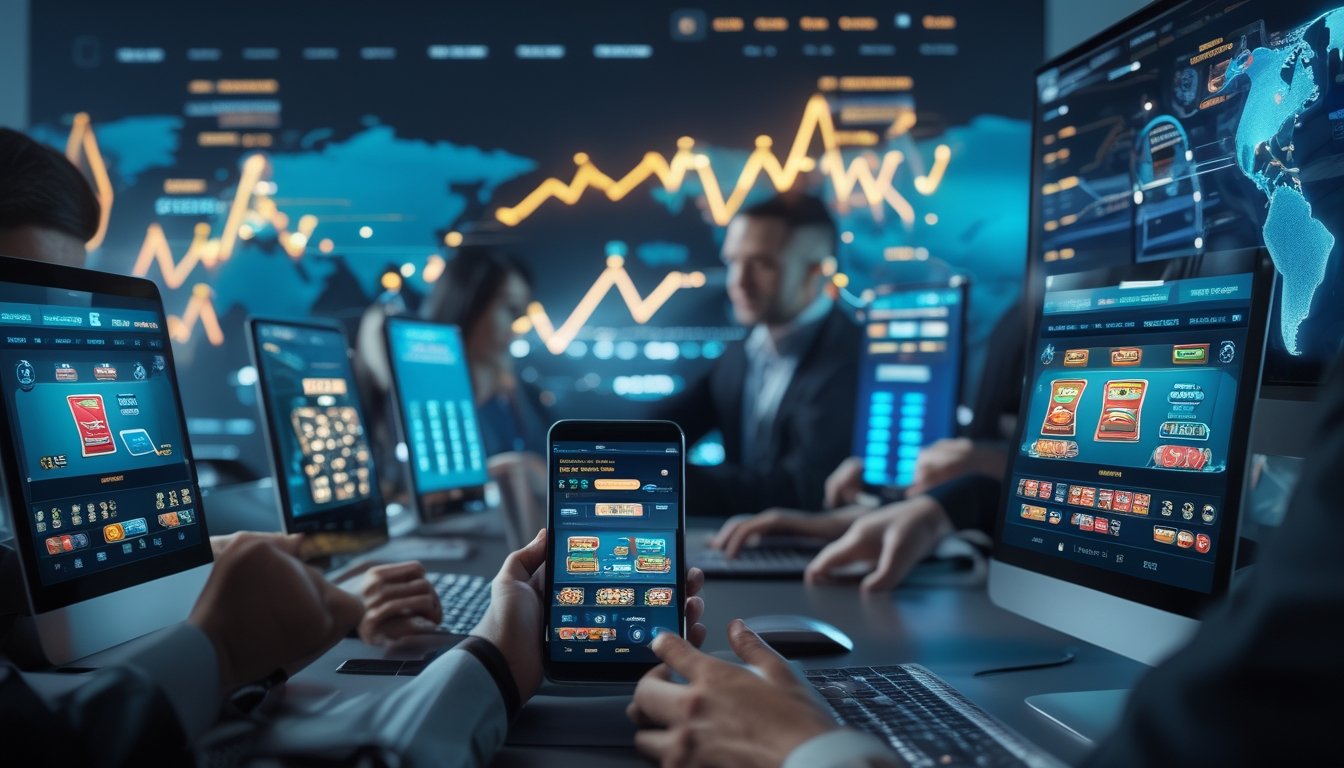 Orang-orang menggunakan berbagai perangkat digital yang menampilkan permainan blackjack online dengan latar belakang peta dunia dan grafik data.