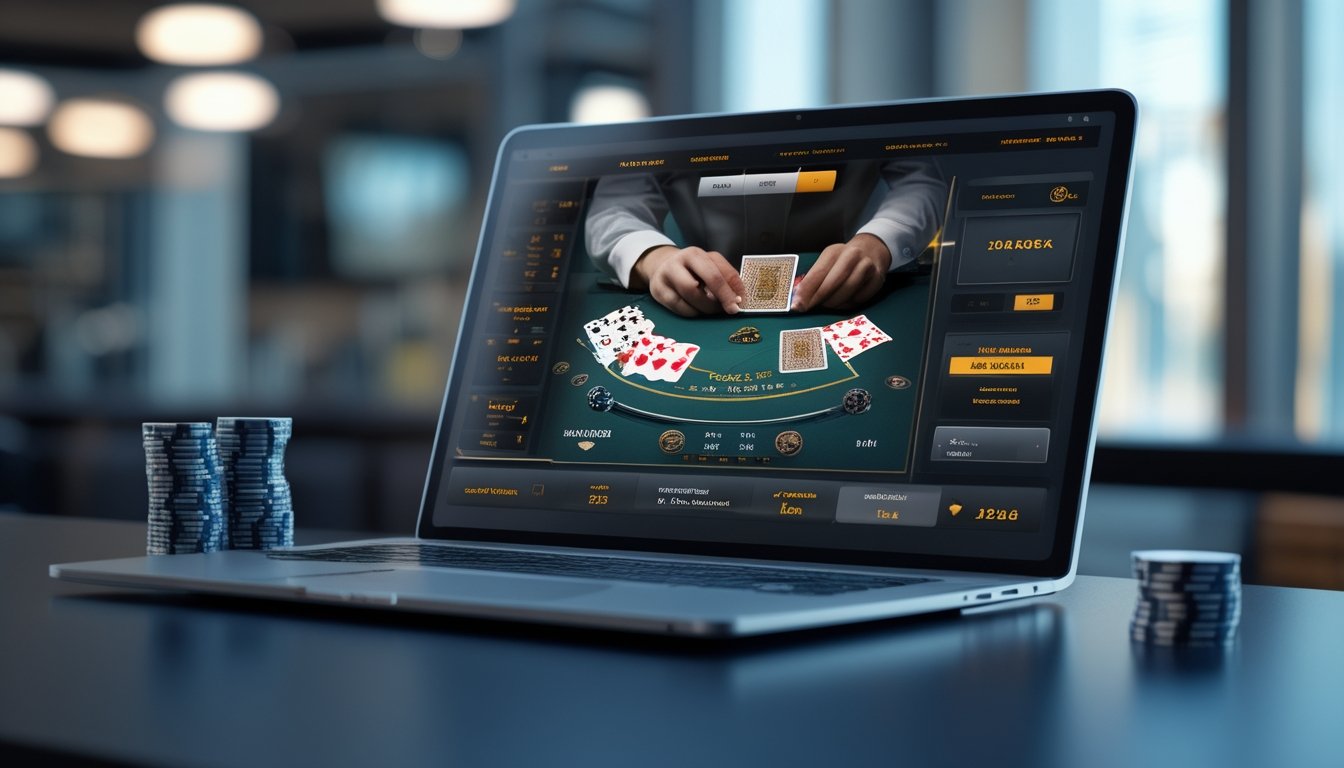 Sebuah perangkat digital menampilkan permainan blackjack online dengan kartu dan chip di sebelahnya dalam suasana modern dan terang.