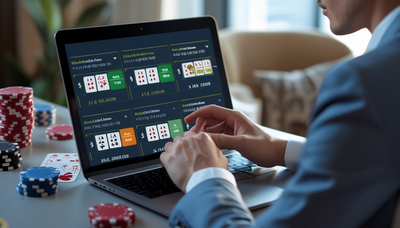 Seseorang menggunakan laptop untuk memilih ruang blackjack online dengan batas taruhan yang berbeda di lingkungan rumah atau kantor.