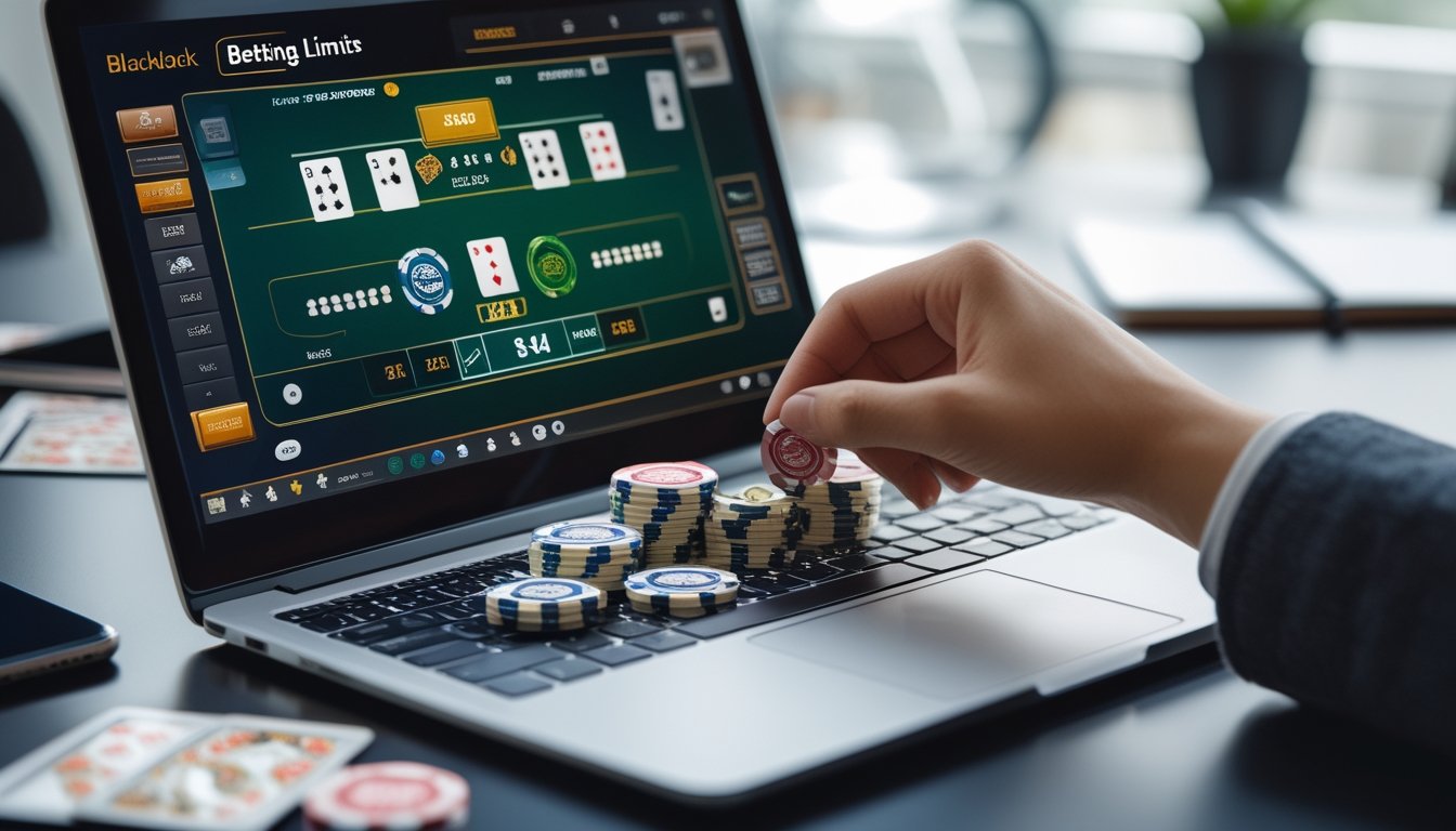 Seseorang sedang bermain blackjack online di laptop dengan chip taruhan di tangan, di meja terdapat smartphone dan buku catatan.