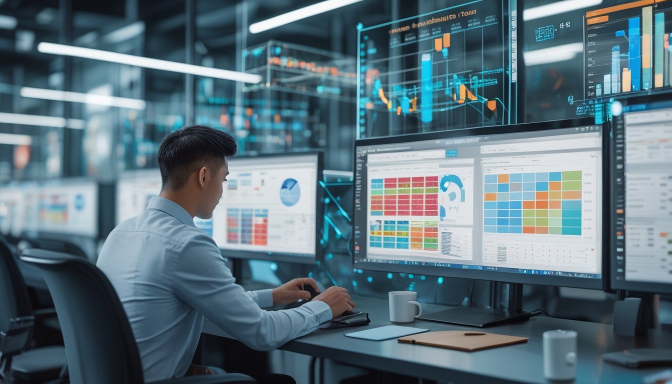 Seorang analis data sedang bekerja di depan beberapa layar komputer dengan grafik dan data statistik terkait angka togel online 4D dan 5D.