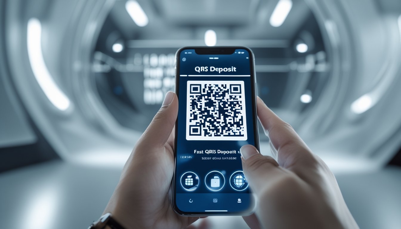 Tangan memegang smartphone yang menampilkan kode QR untuk sistem deposit cepat, dengan latar belakang antarmuka digital modern.